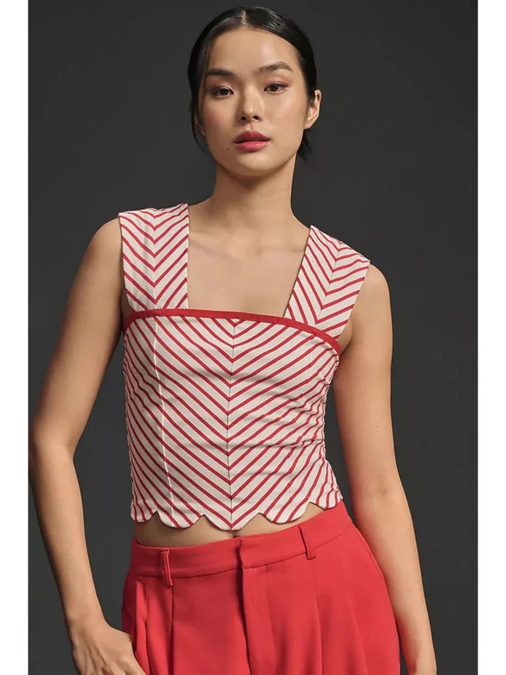 Maeve Red and White Chevron Square-Neck Crop Top